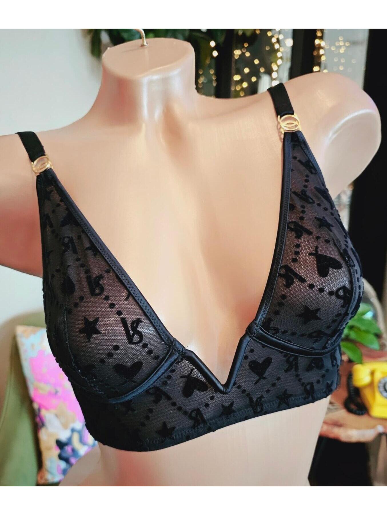 Victoria Secret V Wire Long Line Flocked Bralette Size Small Black Logo
